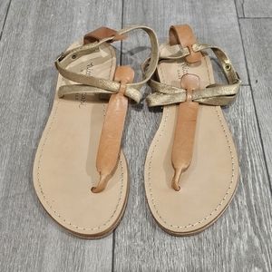 NICCOLO VACARI Women Tan Metallic Gold Leather T-Strap Sandals 8M